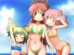  :d ;d arm_hug bikini breasts chitose_yuma front-tie_top girl_sandwich green_bikini green_hair hand_up holding_hands kaname_madoka long_hair mahou_shoujo_madoka_magica mahou_shoujo_oriko_magica medium_breasts mizushima_(p201112) multiple_girls navel one_eye_closed open_mouth pink_eyes pink_hair ponytail red_eyes red_hair sakura_kyouko sandwiched short_hair side-tie_bikini small_breasts smile string_bikini swimsuit twintails v_over_eye waving 