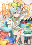  1girl animal_ears balloon blue_eyes blush box bracelet brown_choker cake chair choker closed_mouth commentary_request confetti ear_covers flower food gift gift_box green_sailor_collar green_shorts grey_hair hair_between_eyes hair_flower hair_ornament hairclip happy_birthday heart_balloon highres horse_ears horse_girl horse_tail jewelry layered_shirt letter_balloon long_sleeves looking_at_viewer on_chair on_head one_eye_closed sailor_collar seiun_sky_(reeling_in_the_big_one)_(umamusume) seiun_sky_(umamusume) shirt short_hair shorts single_ear_cover sitting small-wso6-bell smile solo streamers sunflower sunflower_hair_ornament tail thigh_strap umamusume w white_shirt 