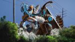  1other abdomen_tail amputee antennae battle blood blue_blood blue_sky blurry blurry_foreground bug building city cockroach compound_eyes day drill_hand english_commentary extra_arms fangs fighting_stance giant giant_insect giant_monster godzilla_(series) horns jaeger_(pacific_rim) jet_jaguar joints kaiju ldn-rdnt megalon no_humans outdoors pacific_rim photoshop_(medium) power_lines redesign ripping robot robot_joints science_fiction sharp_teeth single_horn sky smoke sparks spiked_tail tail teeth thrusters utility_pole 