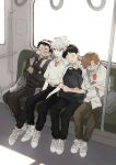  4boys aida_kensuke backpack bag black_hair black_jacket black_pants brown_hair brown_pants collared_shirt commentary_request glasses head_on_another's_shoulder highres holding holding_bag ikari_shinji jacket looking_to_the_side male_focus multiple_boys nagisa_kaworu neon_genesis_evangelion nose_bubble open_collar orange_shirt oshio_(baniniwana) pants parted_bangs round_eyewear shirt shoes short_hair shoulder_bag sideways_glance sitting suzuhara_touji train_interior white_hair white_shirt white_shoes 
