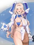  1girl animal_ears animal_hands asymmetrical_legwear blonde_hair blue_bow blue_bowtie blue_eyes blush bow bowtie breasts brown_dust_(series) brown_dust_2 collared_leotard commentary_request darian_silverstein darian_silverstein_(bittersweet_bunny) fake_animal_ears gloves heart_bikini highres huge_breasts large_breasts long_hair long_sleeves looking_at_viewer nontraditional_playboy_bunny official_alternate_costume one_breast_out open_mouth paw_gloves rabbit_ears single_leg_pantyhose solo syouyuya 