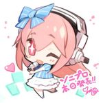  blush chibi headphones long_hair lowres microphone minoa_(lastswallow) nitroplus one_eye_closed open_mouth pink_eyes pink_hair smile solo star star-shaped_pupils super_sonico symbol-shaped_pupils 