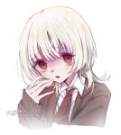  1boy brown_cardigan cardigan chinese_commentary commentary_request gloom_(expression) highres necktie ni_kan_bujian_wo_de_yanlei portrait red_eyes red_necktie saihate_eki simple_background solo sweat tatsunami_shion unusually_dark_pupils white_background white_hair 