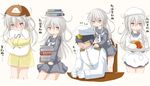  1girl admiral_(kantai_collection) balancing_on_head black_hair book book_on_head bread chair cup curry curry_rice food hat highres jack_(slaintheva) kantai_collection kikuzuki_(kantai_collection) long_hair neckerchief object_on_head orange_eyes pajamas pillow pillow_hug rice school_uniform serafuku shoulder_massage skirt spoon translation_request white_hair yes yes-no_pillow 