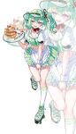 1girl absurdres apron back_bow blue_eyes blueberry bow bowtie breasts cleavage collarbone cropped_shirt cropped_vest food frilled_apron frilled_skirt frills fruit full_body gradient_eyes green_hair green_skirt green_vest hair_ornament hair_ribbon hashtag-only_commentary highres holding holding_plate kneehighs large_breasts midriff multicolored_eyes multicolored_hair name_tag nanna_(heyj2888) navel neck_ribbon open_mouth pancake pancake_stack plate puffy_short_sleeves puffy_sleeves red_ribbon ribbon roller_skates shirt short_sleeves skates skirt socks solo star_(symbol) star_hair_ornament stellive strawberry streaked_hair striped_clothes striped_skirt striped_vest twintails vertical-striped_clothes vertical-striped_skirt vertical-striped_vest vest virtual_youtuber visor_cap waist_apron white_background white_bow white_bowtie white_hair white_shirt white_socks white_wrist_cuffs wrist_cuffs yuzuha_riko zoom_layer 