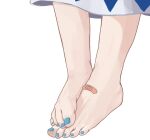  1girl bandaid bandaid_on_foot barefoot blue_nails blue_skirt character_request cirno commentary copyright_request feet feet_only foot_focus highres jager legs_together nail_polish shadow simple_background skirt solo symbol-only_commentary toenail_polish toenails toes touhou white_background white_skirt yousei_daisensou 
