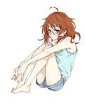  ahoge araki_hina blush brown_eyes brown_hair glasses idolmaster idolmaster_cinderella_girls messy_hair panties shorts sitting sleepy tank_top underwear yoshikawa_(cajica) 