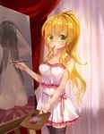  art_brush ass black_legwear blonde_hair blush borrowed_character canvas_(object) derivative_work easel green_eyes heart heart-shaped_pupils long_hair looking_at_viewer mouth_hold mvv original paintbrush painting palette solo symbol-shaped_pupils thighhighs 
