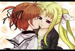  2girls artist_request blonde_hair brown_hair couple eyes_closed fate_testarossa hair_ornament incipient_kiss looking_at_another lyrical_nanoha mahou_shoujo_lyrical_nanoha mahou_shoujo_lyrical_nanoha_a&#039;s mahou_shoujo_lyrical_nanoha_a's multiple_girls pigtails red_eyes ribbon short_twintails takamachi_nanoha twintails yatsuhashi yuri 