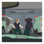 1:1 beagle black_hair border bottomwear brown_body brown_fur brown_skin canid canine canis clothing detailed_background dialogue domestic_dog duo female fur garage green_bottomwear green_clothing green_pants grey_clothing grey_shirt grey_t-shirt grey_topwear hair hi_res hunting_dog jo_(oystr) laugh mammal markus_(oystr) multicolored_body multicolored_fur nonbinary_(lore) orange_eyes oystr pants scent_hound shirt slightly_chubby suid suine t-shirt topwear truck tusks two_tone_body two_tone_fur united_states_forest_service vehicle warthog white_body white_border white_fur