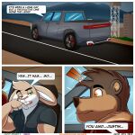 2023 aaron_(artist) anthro bear border brown_body brown_fur clothing comic dialogue digital_media_(artwork) dillon_(aaron) driving english_text exclamation_point fur green_eyes grey_clothing grey_shirt grey_topwear hi_res lagomorph leporid male mammal mathew_porter muscular muscular_anthro muscular_male orange_eyes outside rabbit red_clothing red_shirt red_topwear shirt speech_bubble surprised tan_body tan_fur text topwear truck url ursine vehicle white_body white_border white_fur