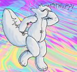 abstract_background after_transformation ambiguous_gender animate_inanimate anthro canid canine canis coyote featureless_face foxes-radio glistening glistening_body hair hi_res identity_death inflatable living_inflatable living_pool_toy loss_of_speech mammal muffled_speech null nullification plastic_body pool_toy solo transformation white_body