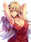  armpits arms_behind_head arms_up blonde_hair blue_eyes breasts cleavage collarbone dress high_heels holding holding_footwear holding_shoes large_breasts long_hair panty_&amp;_stocking_with_garterbelt panty_(psg) red_dress ruukii_drift shoes shoes_removed solo upper_body white_background 