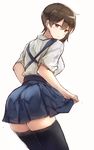  ashiwara_yuu black_legwear brown_eyes brown_hair from_behind highres japanese_clothes kaga_(kantai_collection) kantai_collection looking_back short_hair skirt skirt_tug solo tasuki thighhighs zettai_ryouiki 