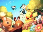  aqua_eyes blush bow bow_(music) bowtie buneary chatot closed_eyes colored_skin commentary_request day floating flower grass green_hair instrument meloetta meloetta_(aria) music musical_note open_mouth outdoors pachirisu piano pikachu pokemon pokemon_(creature) pokemon_focus sentret singing smile tree violin white_skin yukkyon_kyon 