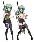  black_legwear blue_eyes boots breasts cannon full_body glasses green_hair highres jagdpanther_(personification) large_breasts long_hair miki_purasu military military_uniform multiple_views original personification red-framed_eyewear semi-rimless_eyewear short_sleeves simple_background skirt thighhighs torn_clothes under-rim_eyewear uniform white_background world_of_tanks zettai_ryouiki 