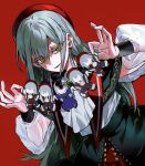  1girl absurdres ascot bang_dream! bang_dream!_it's_mygo!!!!! beret character_doll chinese_commentary commentary_request doll earrings green_hair hat highres jewelry long_hair looking_at_viewer mortis_(bang_dream!) mortis_(costume)_(bang_dream!) mortis_(persona)_(bang_dream!) ne2op open_mouth parted_lips red_eyes red_hat shirt sidelocks simple_background upper_body wakaba_mutsumi white_ascot white_shirt yellow_eyes 