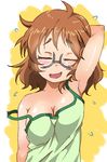  ahoge araki_hina blush breasts brown_hair cleavage closed_eyes embarrassed glasses gorohati idolmaster idolmaster_cinderella_girls medium_breasts strap_slip sweatdrop tank_top 