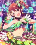  ;d audience bare_shoulders brown_eyes brown_hair confetti earrings glowstick hair_ornament idolmaster idolmaster_million_live! jewelry kasuga_mirai looking_at_viewer microphone navel official_art one_eye_closed one_side_up open_mouth pose smile solo stage star star_hair_ornament sweat v wireless 
