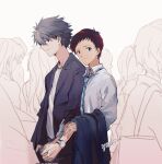  2boys black_hair blue_eyes blue_necktie closed_mouth collared_shirt corrupted_twitter_file couple diagonal-striped_clothes diagonal-striped_necktie dss_choker grey_hair hashtag-only_commentary highres holding holding_hands holding_unworn_clothes holding_unworn_jacket ikari_shinji jacket male_focus multiple_boys nagisa_kaworu necktie neon_genesis_evangelion people rebuild_of_evangelion red_eyes shirt short_hair simple_background smile striped_clothes undershirt unworn_jacket watch white_background white_shirt wristwatch yaoi yorumi1117 