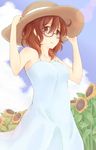  araki_hina blue_sky blush brown_eyes brown_hair cloud day dress flower glasses hands_on_headwear hat idolmaster idolmaster_cinderella_girls looking_at_viewer sky sun_hat sundress sunflower white_dress zannen_na_neko 