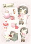  1girl 3d beret blush booth_seating brown_eyes brown_hair brown_shoes brown_skirt brown_socks cherry chibi chibi_only chocomero closed_eyes closed_mouth commentary_request cup curly_hair drinking drinking_glass flower food fruit full_body hair_ornament hairclip hat head_tilt heart highres holding holding_menu holding_saucer jacket jewelry kneehighs lined_paper long_hair long_sleeves looking_at_viewer low_poly menu multiple_views necklace open_clothes open_jacket open_mouth original pantyhose parfait parfait_glass pencil_skirt pink_flower pink_jacket pink_rose polka_dot polka_dot_scarf print_scarf rose saucer scarf shirt shoes side_ponytail sitting skirt smile socks socks_over_pantyhose spoon strawberry strawberry_parfait sugar_cube swept_bangs table tareme tea teacup teapot white_hat white_pantyhose white_scarf white_shirt 