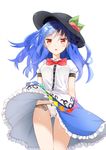  :o arms_behind_back blue_hair bow food fruit hat highres hinanawi_tenshi kutata lace lace-trimmed_panties long_hair looking_at_viewer panties pantyshot parted_lips peach red_eyes simple_background skirt solo standing thigh_gap touhou underwear upskirt white_background white_panties 
