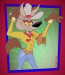  abstract_background alternate_version_at_paywall anthro blue_bottomwear blue_clothing blue_jeans blue_pants bottomwear brown_body brown_fur canid canine canis cheek_tuft clothing cowboy cowboy_hat coyote denim denim_bottomwear denim_clothing digital_drawing_(artwork) digital_media_(artwork) ear_tuft facial_tuft fur gavanzude gesture half-closed_eyes hat headgear headwear hi_res jeans lasso looney_tunes male mammal multicolored_body narrowed_eyes pants pattern_clothing pattern_shirt pattern_topwear plaid plaid_clothing plaid_shirt plaid_topwear shirt signature smug solo tipping_hat topwear tuft two_tone_body warner_brothers waving wile_e._coyote 