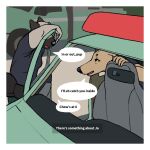 ambiguous_gender anthro black_body black_fur border bottomwear brown_body brown_fur canid canine canis clothing dialogue domestic_dog duo english_text facial_markings fur green_bottomwear green_clothing green_pants grey_body grey_clothing grey_fur grey_shirt grey_t-shirt grey_topwear head_markings hi_res hunting_dog leaning leaning_forward light_truck lily_(oystr) mammal markings mel_(oystr) muzzle_(marking) oystr pants pickup_truck presa_canario shirt sighthound speech_bubble t-shirt text tool_belt topwear truck vehicle white_border yellow_eyes