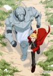  2boys alphonse_elric armor automail black_pants blonde_hair braid brothers cloak edward_elric full_body fullmetal_alchemist gloves grass highres male_focus medium_hair multiple_boys pants plume red_cloak siblings signature single_braid spiked_armor spikes walking white_gloves white_loincloth yuto_(yut0x0) 