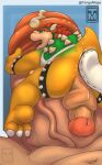  anal anal_fingering anthro backsack balls bodily_fluids bodyjob bowser clothing duo extreme_size_difference feet fingering genital_fluids genitals gloves handwear hi_res human koopa leather luigi male male/male mammal mario_bros micro navel nintendo penis precum reptile scalie sex shell size_difference tenge_mage vein veiny_penis 