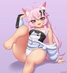  1girl :3 :d ahoge animal_ear_fluff animal_ears arm_support artist_name bare_legs bare_shoulders barefoot black_bow black_camisole black_socks blue_jacket blush bow breasts camisole cat_ears cat_girl cat_hair_ornament cat_ornament commentary english_commentary eyepatch fang feet foot_out_of_frame ghost_hair_ornament hair_between_eyes hair_bow hair_ornament hand_up heart heart_eyepatch holding holding_sock holding_unworn_clothes jacket knee_up kuroonehalf long_hair long_sleeves looking_at_viewer medium_breasts nyatasha_nyanners nyatasha_nyanners_(1st_costume) off_shoulder open_mouth panties pink_hair print_camisole purple_background purple_eyes shadow simple_background sitting smile socks solo textless_version toenails toes underwear unworn_socks variant_set very_long_hair virtual_youtuber vshojo white_camisole white_panties 