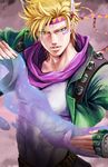  blonde_hair bubble caesar_anthonio_zeppeli facial_mark feathers fingerless_gloves gloves green_eyes green_jacket hair_feathers headband jacket jojo_no_kimyou_na_bouken male_focus nakumonaga_uma solo 