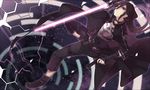  black_eyes black_hair breastplate dual_wielding energy_sword fingerless_gloves five-seven_(gun) gloves gun handgun holding kazutake_hazano kirito kirito_(sao-ggo) long_hair male_focus otoko_no_ko pistol sword sword_art_online weapon 