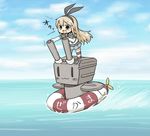  :3 bad_id bad_pixiv_id black_eyes blonde_hair chibi elbow_gloves gloves hair_ribbon innertube kantai_collection long_hair machinery meme open_mouth propeller rensouhou-chan ribbon shimakaze_(kantai_collection) solo striped striped_legwear thighhighs translated turret waterskiing_(meme) yuasan 