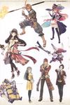  4girls atelier_(series) atelier_shallie black_hair creature hair_ornament hairband hat hidari_(left_side) highres homura_(atelier) katla_larchica kortes_(atelier) linca_(atelier) long_hair multiple_boys multiple_girls official_art pantyhose pink_hair purple_eyes raoul_pireit shallistera_(atelier) skirt solle_grumman thighhighs wilbell_voll=erslied witch_hat 