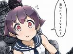  collarbone comic flying_sweatdrops from_above kantai_collection looking_at_viewer looking_up purple_hair red_eyes sailor_collar sakawa_(kantai_collection) short_hair simple_background smile smokestack solo tanaka_kusao translated white_background 