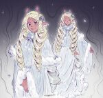  1girl animal_ear_piercing animal_ears blonde_hair brown_eyes closed_eyes commentary curly_hair deer_ears deer_girl deltarune english_commentary fur-trimmed_robe fur_trim furry furry_female highres long_hair multiple_views noelle_holiday noelle_holiday_(dark_world) robe signature syaeris utdr_(toby_fox) white_robe wide_sleeves 