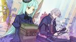  1girl :/ aqua_hair arm_belt atelier_(series) atelier_shallie black_gloves book book_stack bow coat dress dutch_angle facial_hair game_cg glasses gloves green_eyes grey_hair hidari_(left_side) holding holding_book holding_pipe juliet_sleeves keithgrif_hazeldine long_hair long_sleeves mechanical_wings mustache odelia_(atelier) official_art open_book pipe profile puffy_sleeves short_hair single_glove very_long_hair wings 