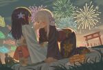  2girls 2others black_kimono blush cho_kaguya-hime! closed_eyes commentary_request fireworks floral_print floral_print_kimono flower food fox_shadow_puppet green_eyes hair_flower hair_ornament holding_hands japanese_clothes kimono kiss kissing_hand lily_(flower) long_hair milktea_(gggrrr2000) multiple_girls multiple_others night obi outdoors pancake pancake_stack picnic_basket plate print_kimono purple_flower purple_hair runami_yachiyo sakayori_iroha sash torii white_flower white_kimono yuri 