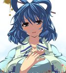  blue_dress blue_eyes blue_hair breasts cleavage collarbone dress fingernails floral_print flower hair_ornament hair_rings hair_stick hand_on_own_chest kaku_seiga large_breasts looking_at_viewer open_mouth puffy_sleeves short_hair smile solo touhou umigarasu_(kitsune1963) vest 