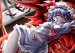  ascot bad_id bad_pixiv_id barefoot bat bat_wings blue_hair brooch cup drinking_glass hat hat_ribbon jewelry kamisa looking_at_viewer lying midriff mob_cap nail_polish on_side puffy_short_sleeves puffy_sleeves red_eyes remilia_scarlet ribbon shirt short_sleeves skirt skirt_set solo spill touhou vest wine_glass wings wrist_cuffs 