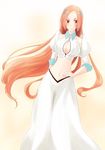  1girl bare_shoulders bleach bleach:_the_thousand-year_blood_war breasts cleavage cleavage_cutout detached_sleeves eri hair_ornament hairpin hand_on_hip inoue_orihime large_breasts long_hair looking_at_viewer midriff navel orange_eyes orange_hair smile solo very_long_hair 