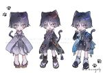  3boys :p absurdres akanbe animal animal_ears armor belt black_belt black_bodysuit black_bow black_bridal_gauntlets black_cat black_hair black_kimono black_sandals black_shorts black_sleeves blue_cape blue_gem blue_hair blue_kimono blue_sleeves blunt_ends blush bodysuit bow bridal_gauntlets bright_pupils brown_sandals cape cat cat_boy cat_ears cat_tail choppy_bangs closed_mouth clothing_cutout commentary eyelid_pull eyeliner fang feathers finger_to_eye furisode gem genshin_impact geta gold gold_trim hair_intakes hakama hakama_shorts highres holding holding_animal holding_cat index_finger_raised japanese_armor japanese_clothes jewelry juban kariginu kimono kote kurage_67 kurokote layered_shorts layered_sleeves leg_warmers looking_at_viewer makeup mandarin_collar multicolored_hair multiple_boys multiple_persona neck_ring o-ring open_mouth pants paw_print pelvic_curtain pleated_shorts pom_pom_(clothes) purple_eyes purple_hair purple_kimono purple_rope purple_sash purple_shorts purple_sleeves red_eyeliner red_hair red_kimono rope sandals sash scaramouche_(cat)_(genshin_impact) scaramouche_(genshin_impact) scaramouche_(kabukimono)_(genshin_impact) shimenawa short_sleeves shorts shoulder_cutout single_sode smile split_mouth stirrup_legwear streaked_hair symbol-only_commentary tail tassel toeless_legwear tongue tongue_out tsurime twitter_username vision_(genshin_impact) wanderer_(genshin_impact) watermark white_kimono white_leg_warmers white_pants white_pupils white_rope white_sleeves white_trim wide_sleeves yellow_feathers zouri 