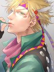  blonde_hair caesar_anthonio_zeppeli earrings facial_mark feathers fingerless_gloves gloves green_eyes hair_feathers headband jewelry jojo_no_kimyou_na_bouken male_focus nakumonaga_uma solo 