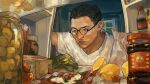  1boy absurdres aegyo_sal arm_up black_hair bottle brown_eyes buzz_cut coca-cola disco_elysium facial_hair food fruit glasses highres jar kim_kitsuragi kozmoraven1610 lemon lettuce male_focus mustache_stubble parted_lips pizza pizza_slice pov refrigerator sauce serious shirt short_hair soda solo stubble t-shirt very_short_hair white_shirt 