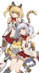  2girls animal_ears animal_hands animal_print arm_on_another's_shoulder baby_animal bai_(granblue_fantasy) bare_shoulders bell blonde_hair brown_eyes commentary_request detached_sleeves dress erune fur-trimmed_sleeves fur_trim gloves granblue_fantasy grey_hair grin hand_on_another's_shoulder highres huang_(granblue_fantasy) hug jingle_bell laolao_(granblue_fantasy) looking_at_viewer miso_(b7669726) multiple_girls open_mouth panties paw_gloves paw_shoes red_dress siblings simple_background sisters smile tail tiger tiger_cub tiger_ears tiger_girl tiger_paws tiger_print tiger_stripes tiger_tail twins twintails two-tone_dress underwear white_background white_dress wide_sleeves 