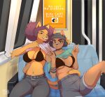 absurd_res andrea_monterra anthro arm_tattoo arm_tuft beanie belt bottomwear bra breasts brown_body brown_fur choker clothed clothing clothing_lift colored_nails domestic_cat duo elbow_tuft eyebrow_piercing facial_piercing felid feline felis female freckled_face freckles fur gesture gulasauce_(artist) hand_gesture hat headgear headwear hi_res jewelry katrina_del_mar majarean mammal multiple_piercings nails navel navel_piercing necklace nose_piercing orange_body orange_fur partially_clothed piercing pigtails poster presenting presenting_breasts public_transportation raised_clothing raised_shirt raised_topwear septum_piercing shirt shorts sitting tail tail_coil tattoo topwear train tuft underwear v_sign vehicle