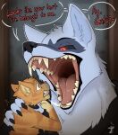 absurd_res arkailart bodily_fluids canid canine canis claws death_(puss_in_boots) dreamworks fangs felid feline finger_claws glowing glowing_eyes hi_res imminent_vore mammal mouth_shot neck_grab open_mouth oral_vore puss_in_boots_(dreamworks) puss_in_boots_(franchise) red_eyes saliva saliva_on_tongue scared size_difference teeth unwilling_prey vore wolf