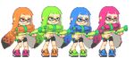  4girls animated animated_png blue_eyes blue_hair child domino_mask female green_eyes green_hair gun inkling long_hair mask multiple_girls nintendo orange_eyes orange_hair pink_eyes pink_hair pixel_art shorts smile splatoon squirt_gun tentacle_hair twintails water_gun weapon 